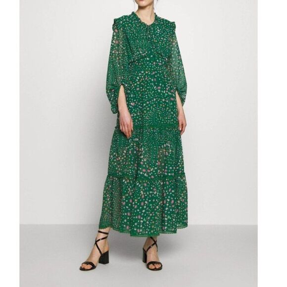 Three Floor Hansen Floral Long Puff Sleeve Ruffle Flowy Maxi Dress Green 4 - Picture 1 of 12